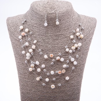 Earring and Necklace Set “On the Strings of the Soul” White Mother-of-Pearl Beads, Diameter 7mm 5mm, Length 46-50cm