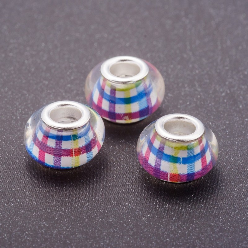 Pandora Bead Pink-Blue Check Plastic, diameter 13mm, hole diameter 5mm, pack of 11 pcs