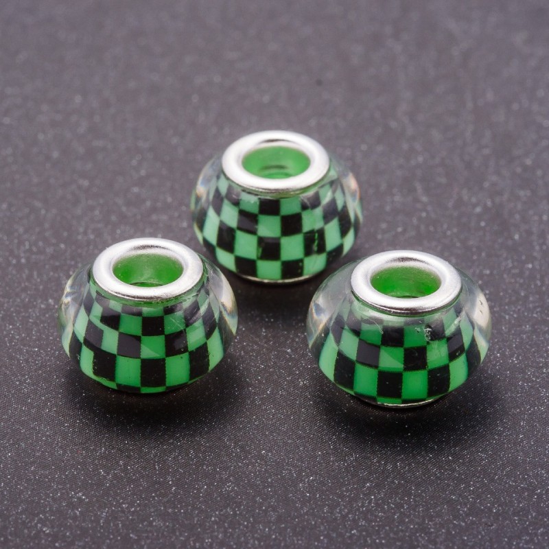 Pandora Bead Green Checkered Plastic, diameter 13mm, hole diameter 5mm, pack of 11 pcs
