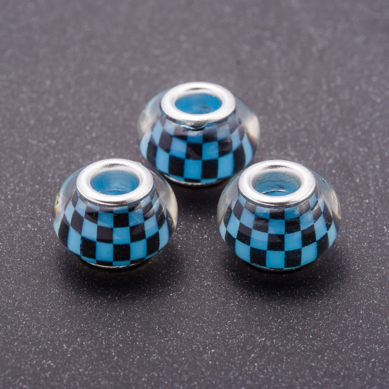 Pandora Bead Light Blue Checkered Plastic, diameter 13mm, hole diameter 5mm, pack of 11 pcs