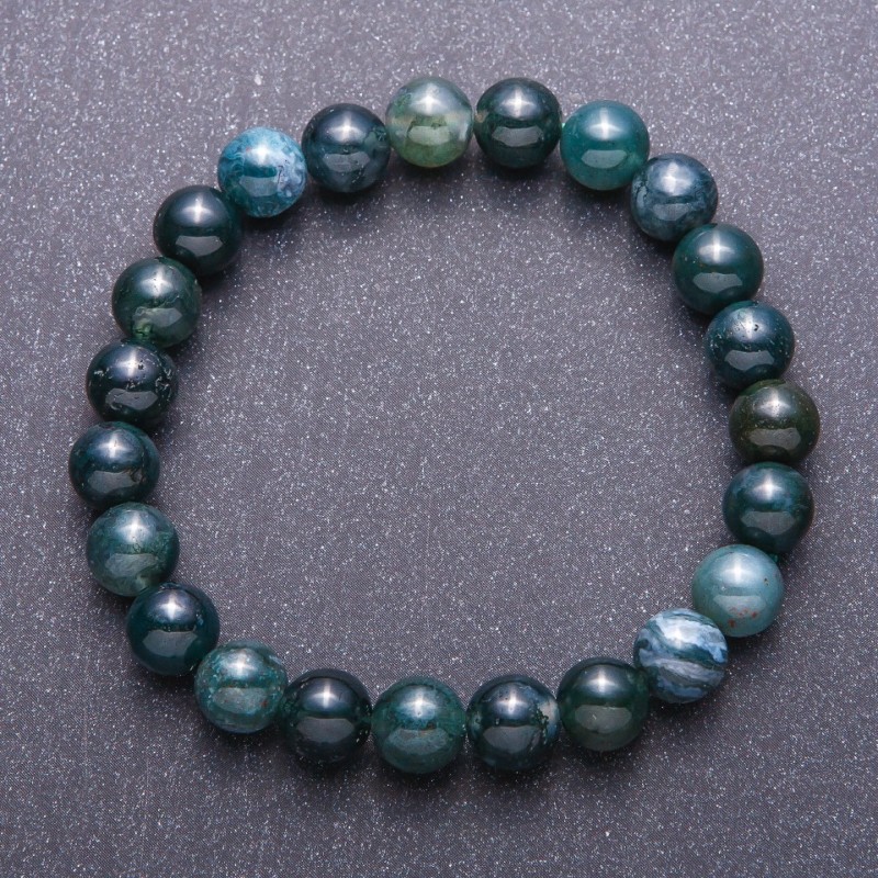 Bracelet of Moss Agate Natural Stone smooth bead, 8mm diameter on elastic