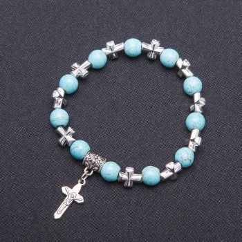 Faux Turquoise Bracelet with Cross Pendant, d8mm