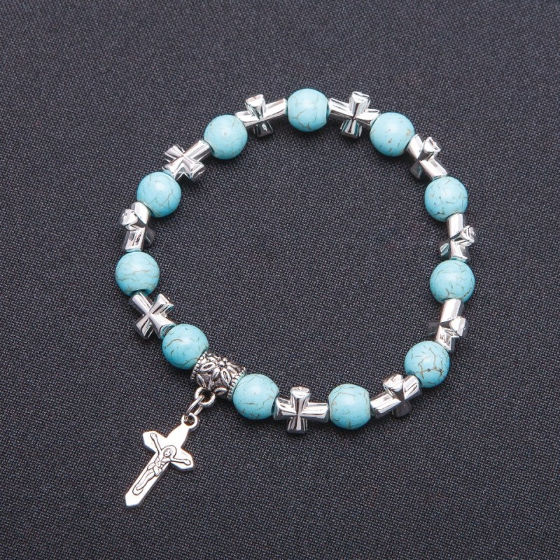Faux Turquoise Bracelet with Cross Pendant, d8mm