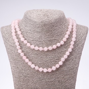 Long Necklace with Natural Stone Rose Quartz Smooth Beads 8mm Diameter, 120cm Length