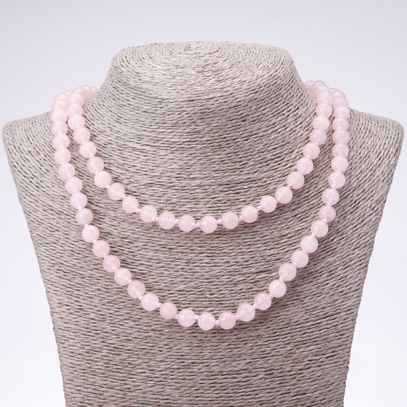 Long Necklace with Natural Stone Rose Quartz Smooth Beads 8mm Diameter, 120cm Length