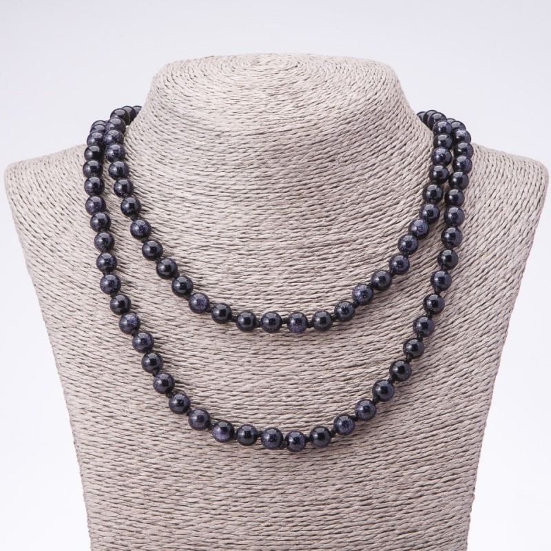 Long Necklace, Aventurine "Blue Sand Cairo Night" Stone, Smooth Bead, 8mm Diameter, 120cm Length