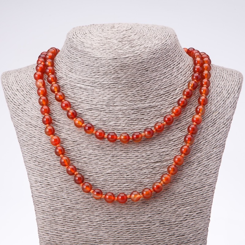 Long necklace with Carnelian smooth round beads 8 mm diameter, 120 cm length