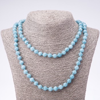 Long Aquamarine Stone Necklace, Smooth Round Beads, 8mm Diameter, 110cm Length