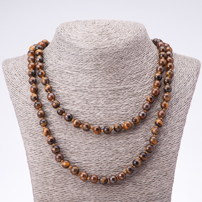 Long Tiger’s Eye Necklace with Smooth 8 mm Beads, 120 cm