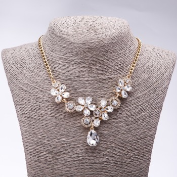 Evening Necklace with White Crystals "Precious Flowers", 42-49cm length