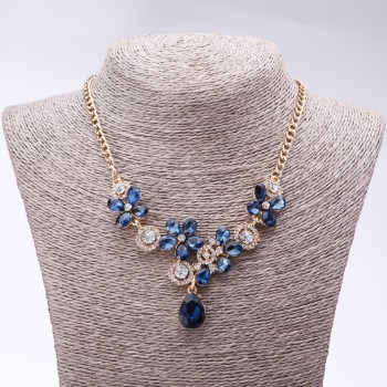 Evening Necklace with Blue Crystals "Precious Flowers", 42-49cm length