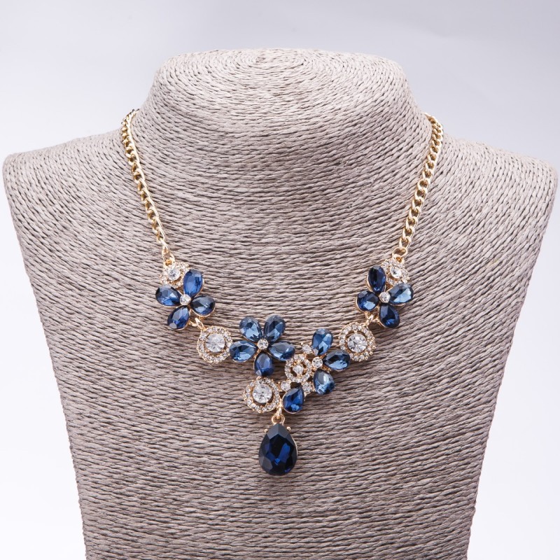 Evening Necklace with Blue Crystals "Precious Flowers", 42-49cm length