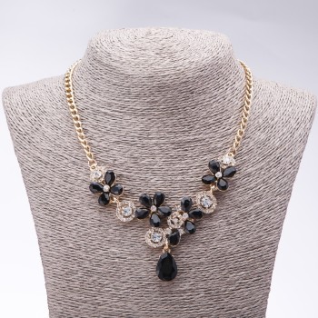 Evening Necklace with Black Crystals "Precious Flowers", 42-49cm length