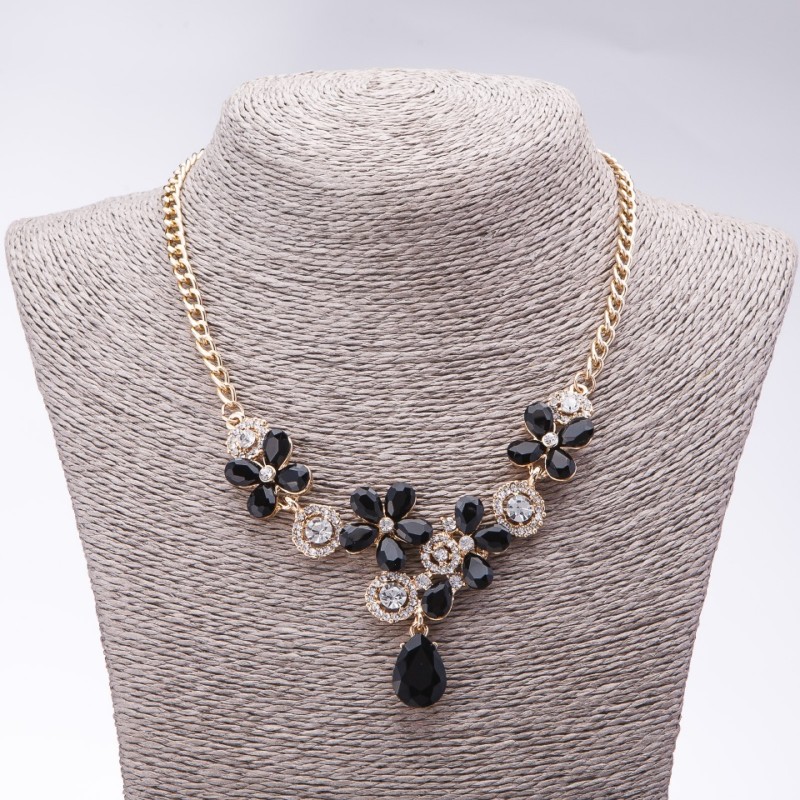Evening Necklace with Black Crystals "Precious Flowers", 42-49cm length