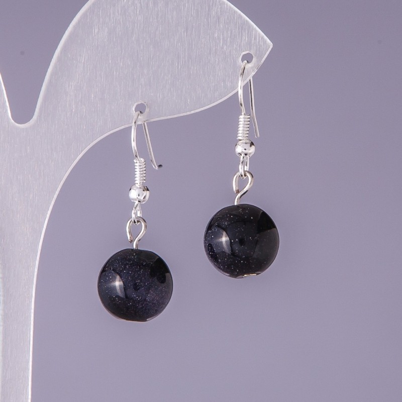 Aventurine Stone Earrings "Blue Sand Night of Cairo" Smooth Ball, Diameter 12mm, Length 3cm