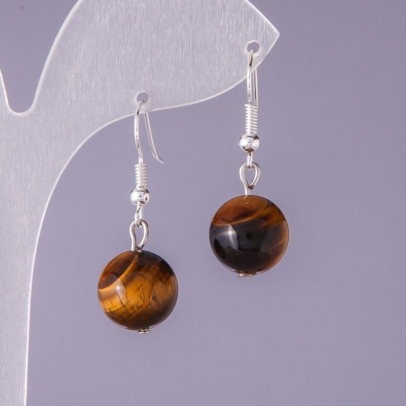 Tiger's Eye Natural Stone Earrings, Smooth Round Bead, 12mm Diameter, 3cm Length