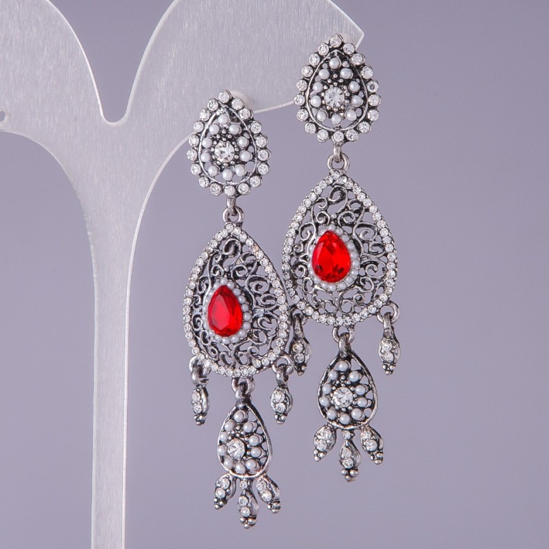 Red Crystal Earrings "Oriental Beauty", 6.5cm Length