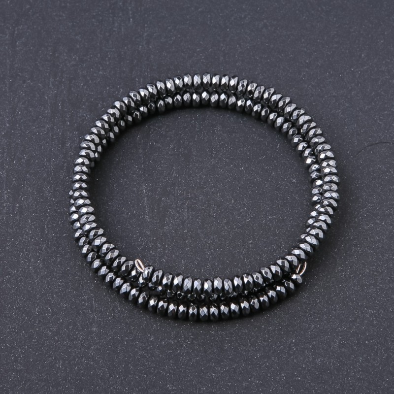 Memory Wire Bracelet, Natural Hematite Stone, Faceted Rondelle, Diameter 4x2.5mm, Length 18.5cm