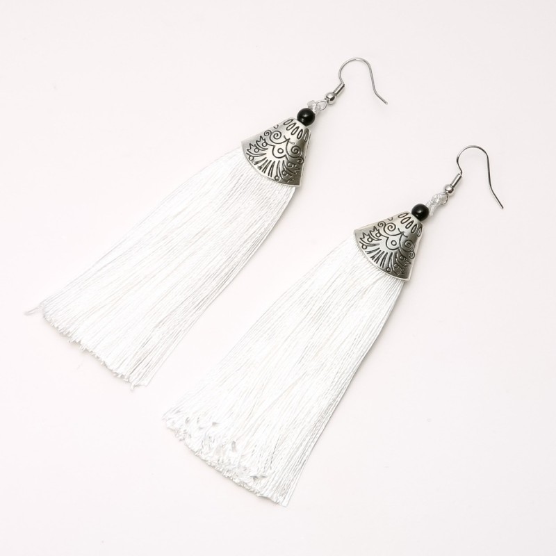 Tassel Earrings "Almina" White, 10cm Length