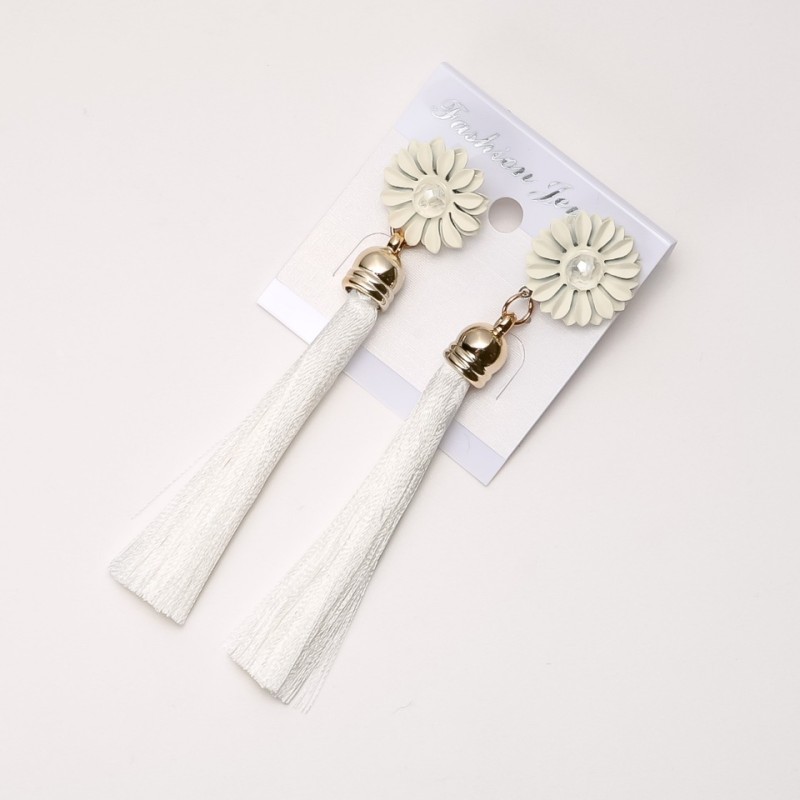 Tassel Earrings "Chrysanthemums" White, Length 9 cm