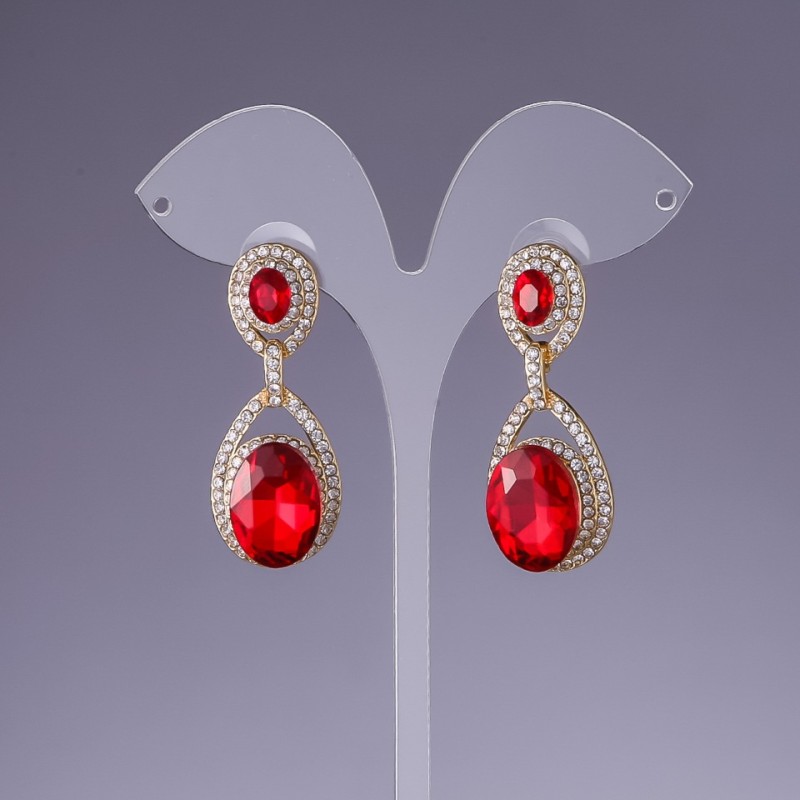 Red Crystal Earrings, 4.5cm Length, Yellow Metal