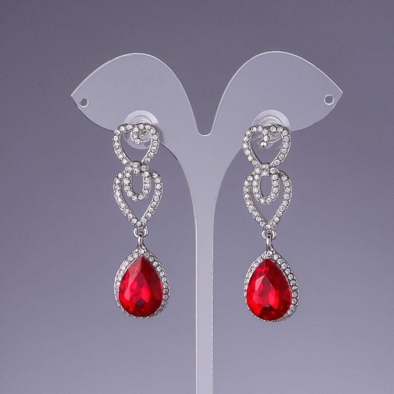 Red Crystal Earrings, 5.5cm Length, Gray Metal
