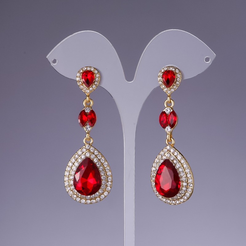 Red Crystal Earrings, 6cm Length, Yellow Metal