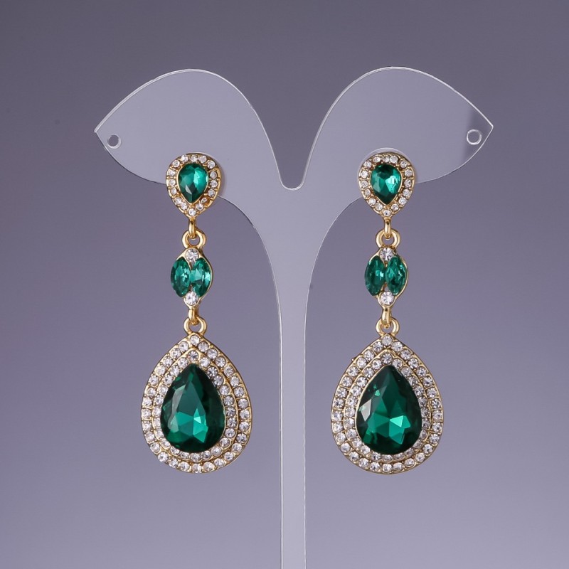 Green Crystal Earrings, 6cm length, yellow metal