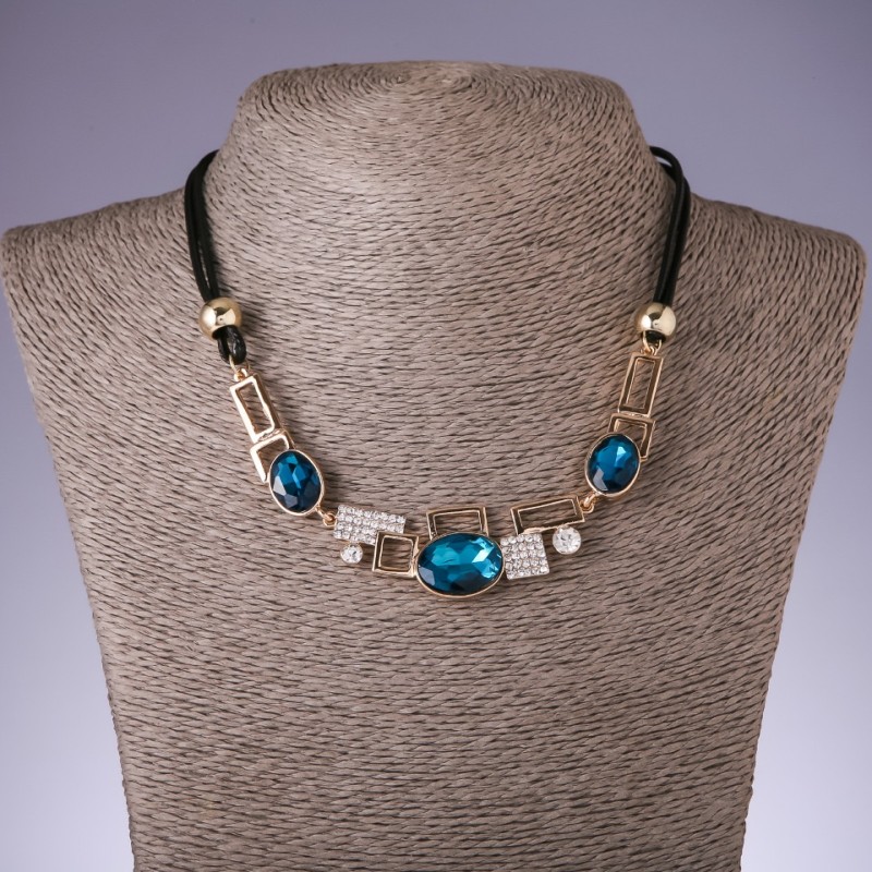 Cord Necklace with Turquoise Crystals "Geometry", Length 40-48 cm