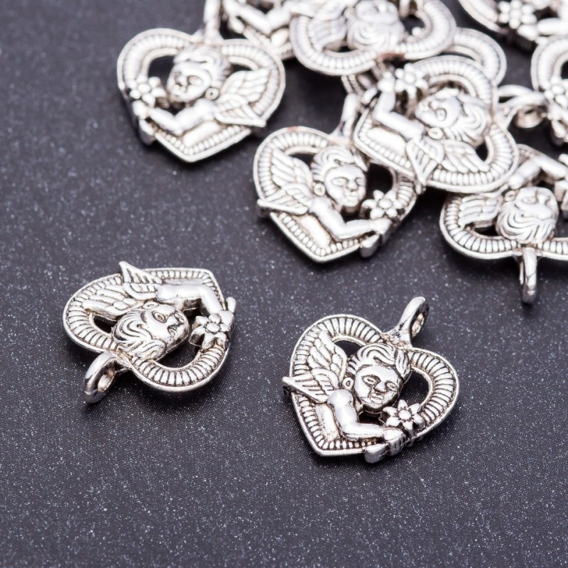 Finding Pendant Cupid in Heart, Diameter 15mm, Length 19mm, Hole Dia 3mm, Pack 20g +/-11pcs