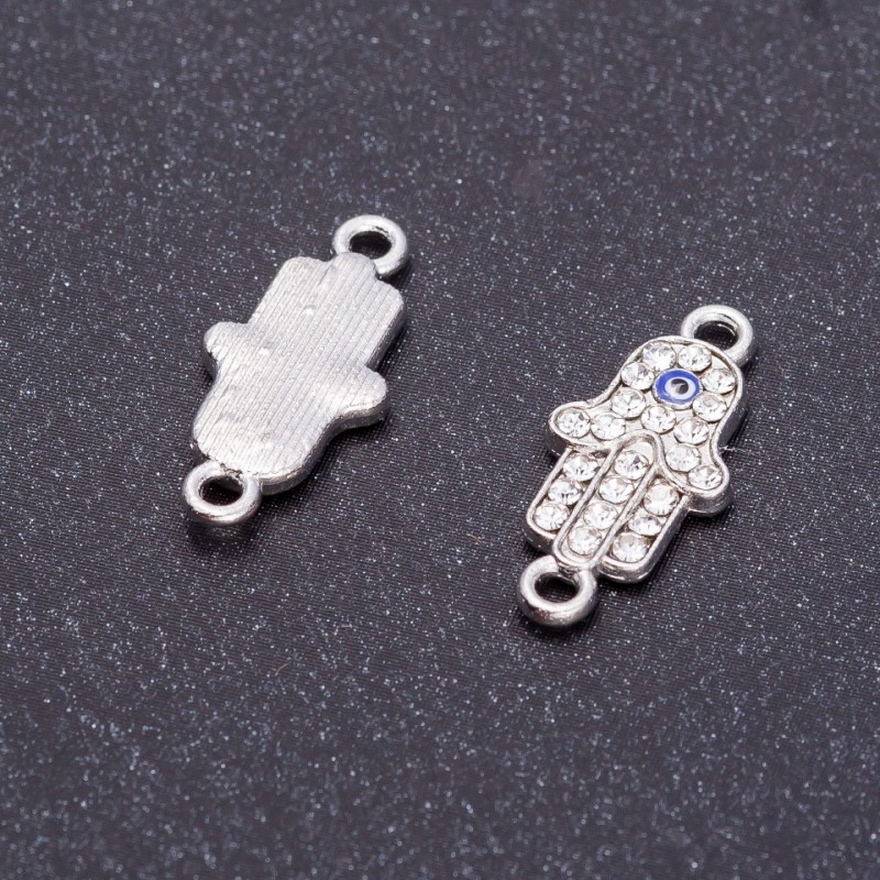 Finding Connector "Hamsa Eye" with Rhinestones "Silver", diameter 9mm L0mm hole dia. 5mm pack 4pcs