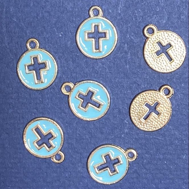 Findings "Cross" Charm, Light Blue Enamel, Gold-Tone, Diameter 12mm, Length 15mm, Hole dia. 5mm, Pack of 10