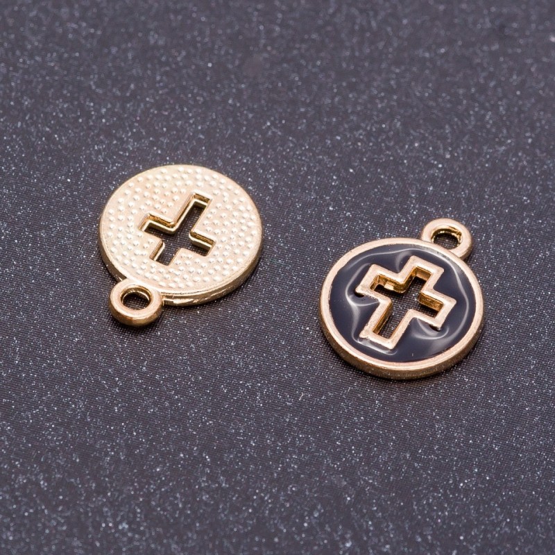 Jewelry Finding Pendant "Cross" black enamel "gold", diameter 12mm, length 15mm, hole d 5mm, pack of 10 pcs