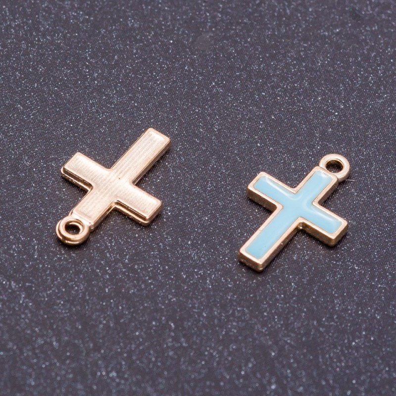 Findings "Cross" Charm, Light Blue Enamel, Gold-Tone, Diameter 11mm, Length 17mm, Hole dia. mm, Pack of 10