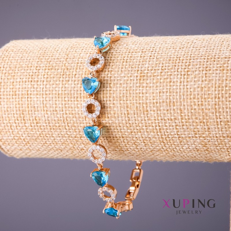 Xuping Bracelet with Blue Stones and White Rhinestones, 18-20cm Length, 8mm Thickness, Gold Color