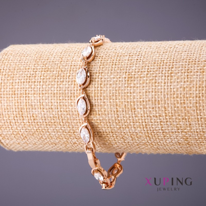 Xuping Bracelet with White Stones, 17-19cm Length, 7mm Thickness, Gold Color