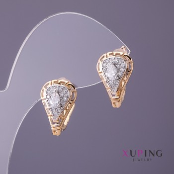 Xuping Earrings with Greek Pattern and White Rhinestones, 11mm Diameter, 18mm Length, Gold Color