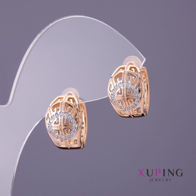 Xuping Earrings with Greek Pattern, White Accents, 10mm Diameter, 14mm Length, Gold Color