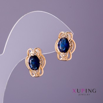 Xuping Earrings with Blue Stones, diameter 11mm, length 15mm, 18K gold plating