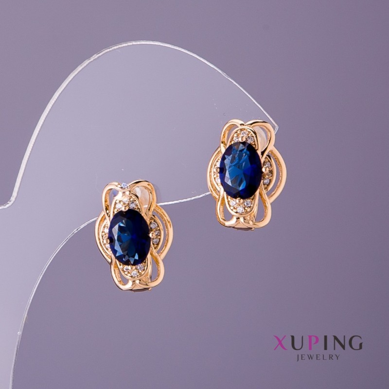 Xuping Earrings with Blue Stones, diameter 11mm, length 15mm, 18K gold plating