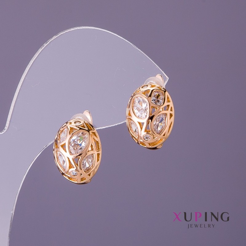 Xuping Earrings, White Stones, Diameter 11mm, Length 14mm, Gold Color