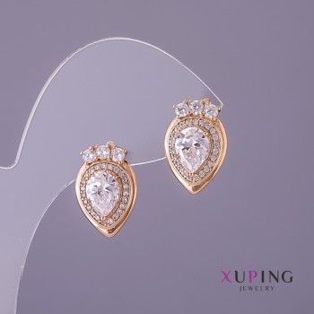 Xuping Earrings with White Stones, Diameter 11mm, Length 17mm, Gold Color