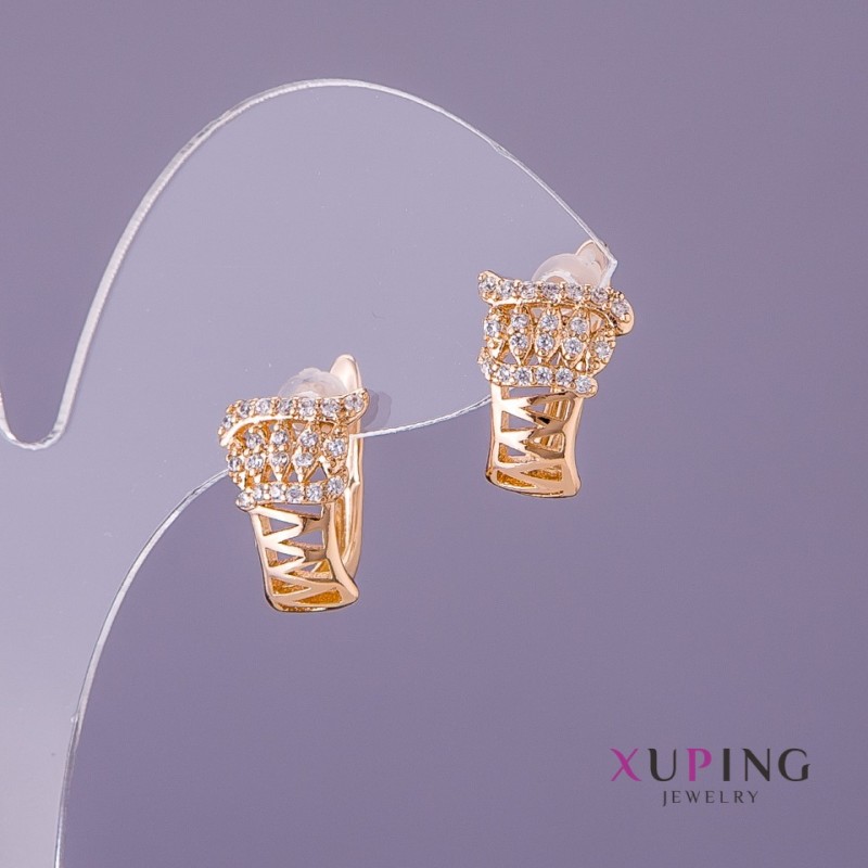 Xuping Earrings White Rhinestones, Diameter 10mm, Length 15mm, Gold Color