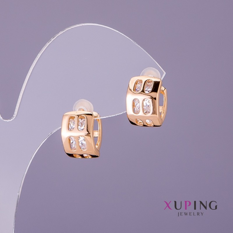Xuping Earrings with White Stones, 8mm diameter, 12mm length, gold color