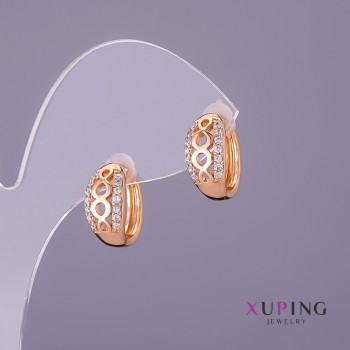 Xuping Earrings with White Rhinestones, 7mm Diameter, 14mm Length, Gold Color