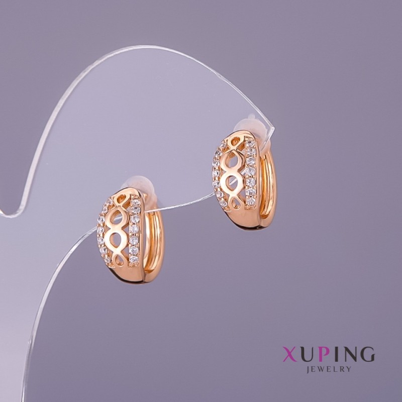 Xuping Earrings with White Rhinestones, 7mm Diameter, 14mm Length, Gold Color