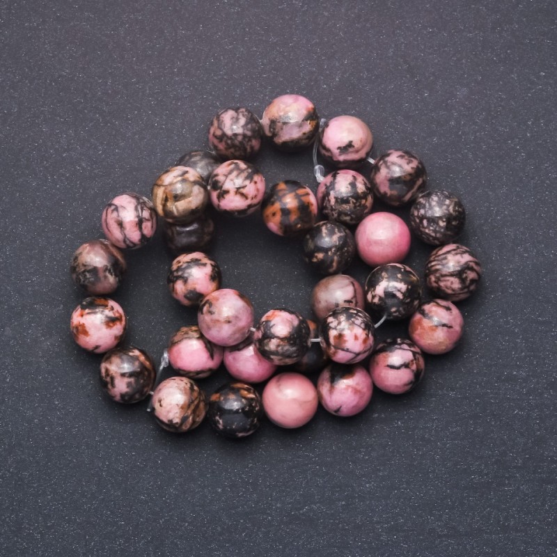 Natural Stone Rhodonite Beads Smooth Round, diameter 12mm strand, length +/-38cm