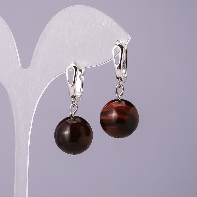Earrings Natural Stone Bull's Eye, diameter 14mm, length 18mm