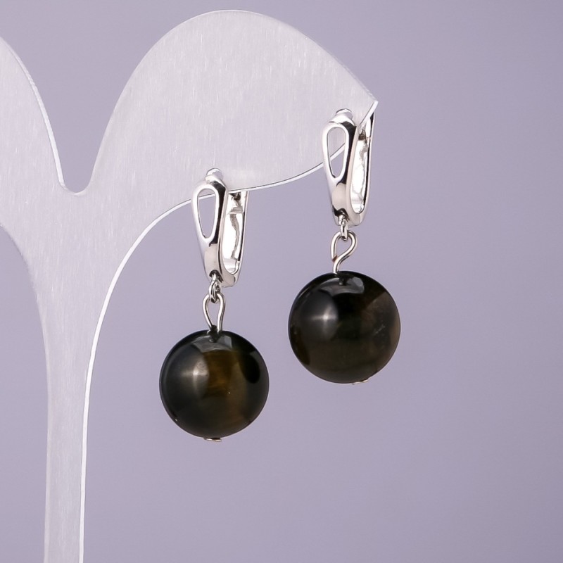 Hawk's Eye Natural Stone Earrings, 14mm Diameter, 18mm Length