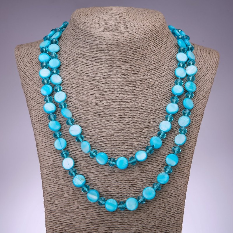 Long Blue Mother-of-Pearl Coin Necklace, 120cm